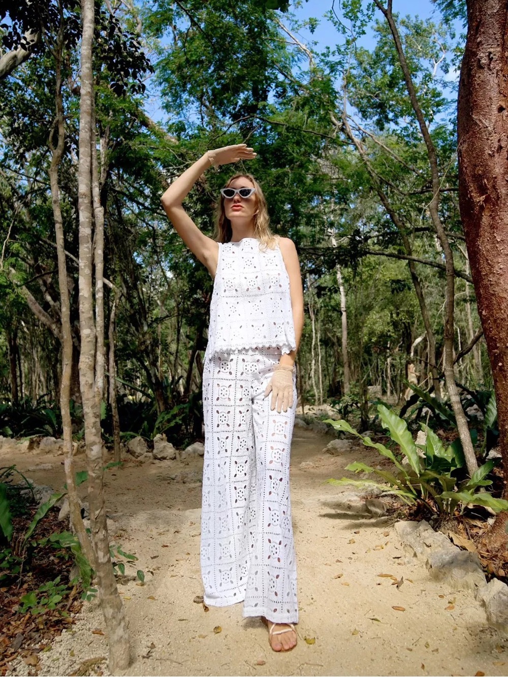 Miguelina Lilly Patchwork Eyelet Lace Wide Leg Pants Pure White Cotton Medium